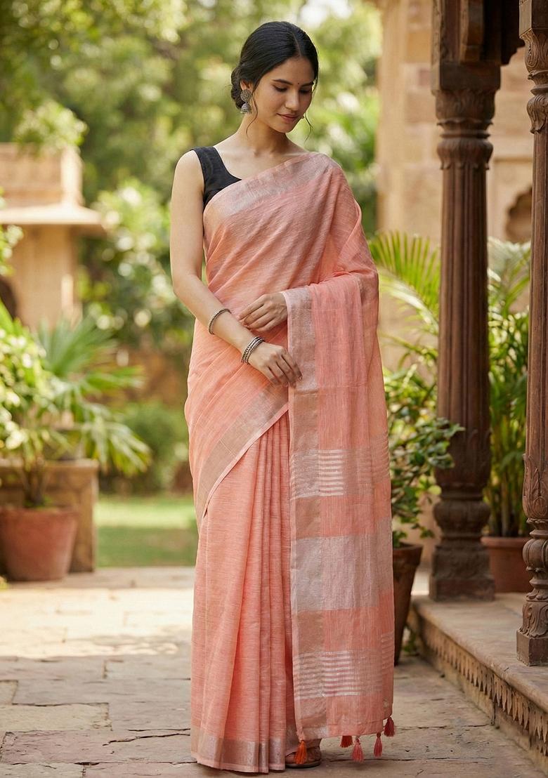 Peach Woven Zari Work Poly Cotton Saree Set - Indya
