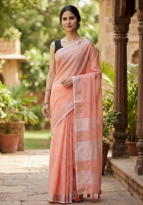 Peach Woven Zari Work Poly Cotton Saree Set