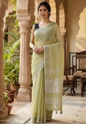 Rama Green Woven Zari Work Poly Cotton Saree Set