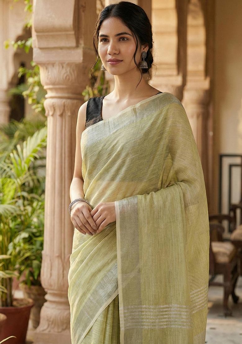Rama Green Woven Zari Work Poly Cotton Saree Set - Indya
