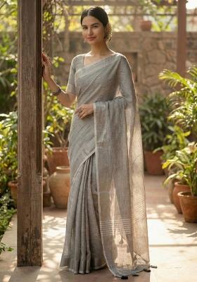 Grey Woven Zari Work Poly Cotton Saree Set