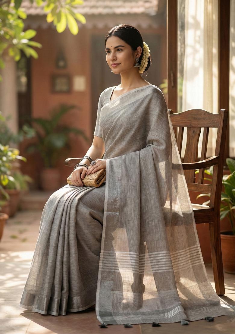 Grey Woven Zari Work Poly Cotton Saree Set - Indya