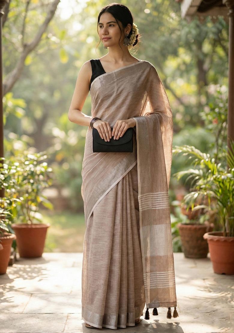 Brown Woven Zari Work Poly Cotton Saree Set - Indya