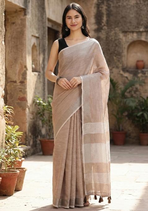 Brown Woven Zari Work Poly Cotton Saree Set