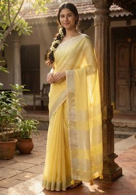 Yellow Woven Zari Work Poly Cotton Saree Set