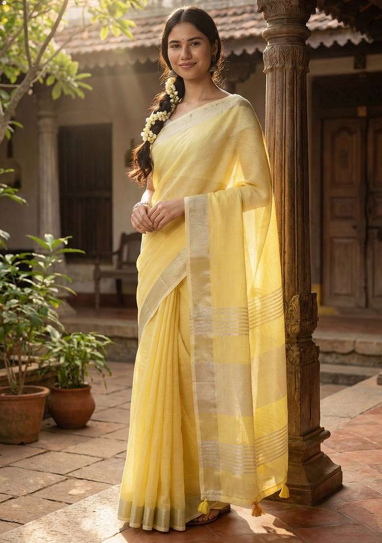 Yellow Woven Zari Work Poly Cotton Saree Set for Diwali and Festive Wear - Indya