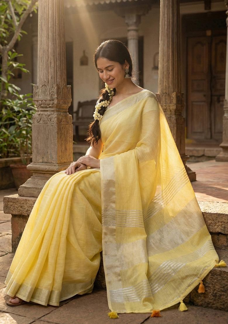Yellow Woven Zari Work Poly Cotton Saree Set - Indya