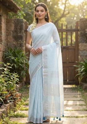 Sky Blue Woven Zari Work Poly Cotton Saree Set