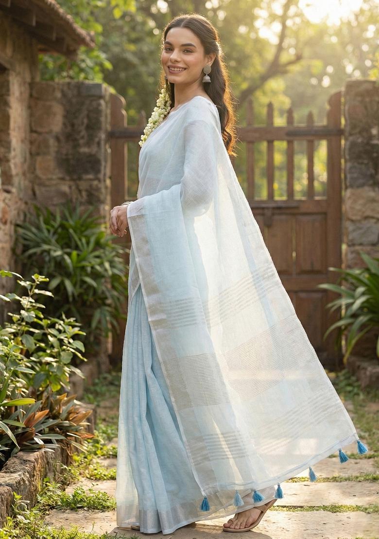 Sky Blue Woven Zari Work Poly Cotton Saree Set - Indya