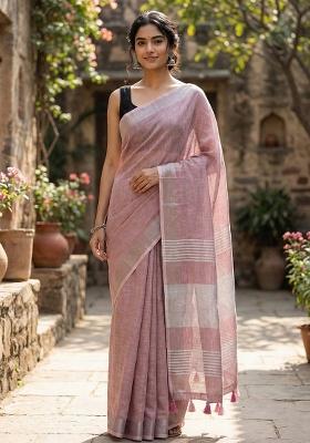 Purple Woven Zari Work Poly Cotton Saree Set