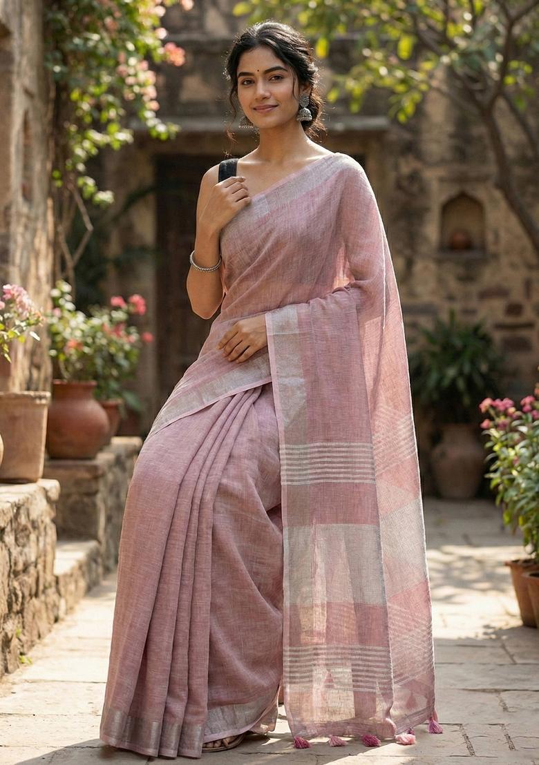 Purple Woven Zari Work Poly Cotton Saree Set - Indya