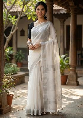 Off White Woven Zari Work Poly Cotton Saree Set