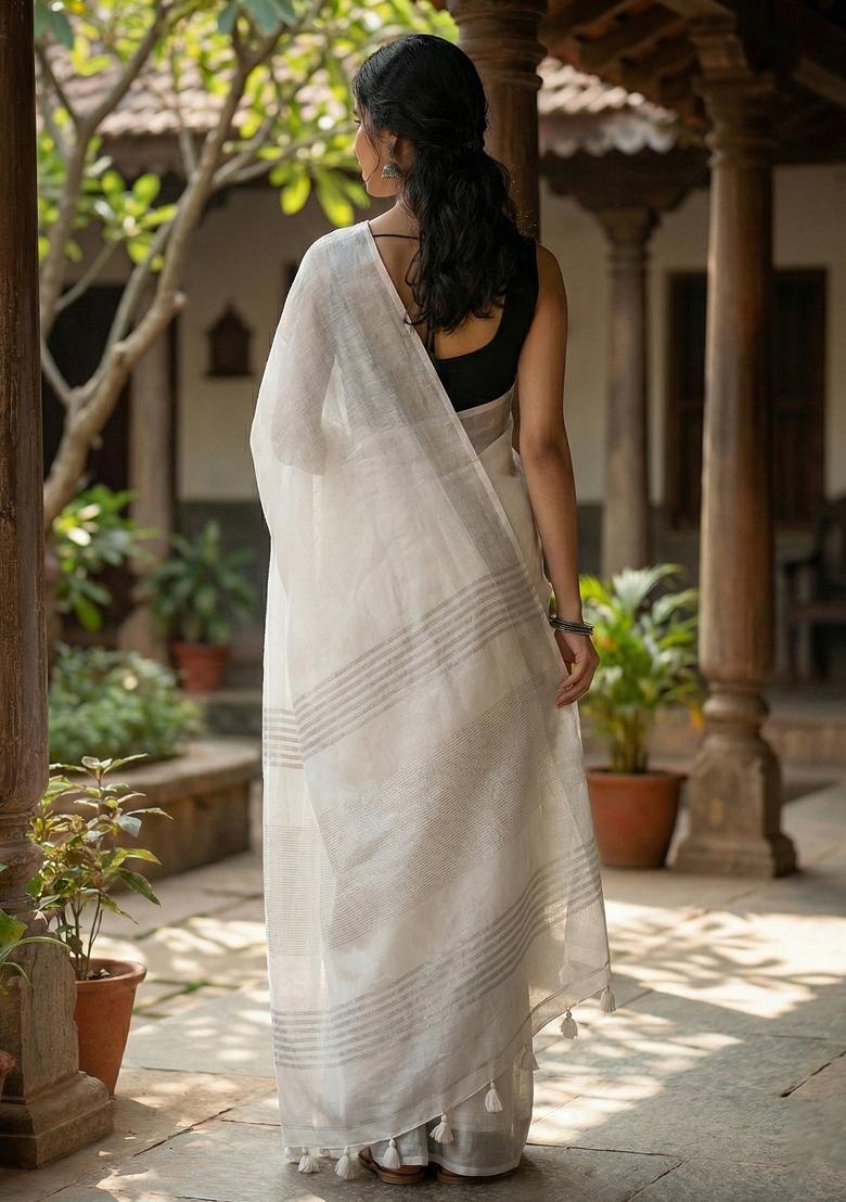 Off White Woven Zari Work Poly Cotton Saree Set - Indya