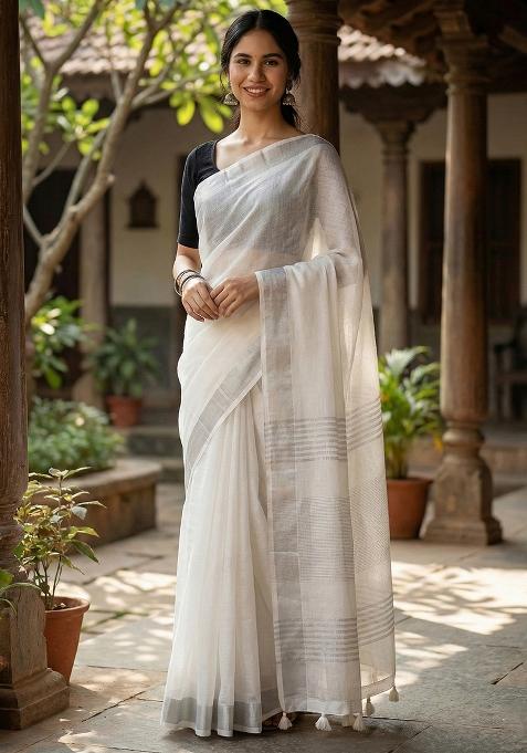 Off White Woven Zari Work Poly Cotton Saree Set