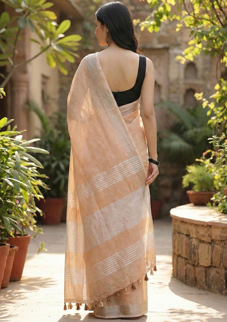 Tan Woven Zari Work Poly Cotton Saree Set - Indya