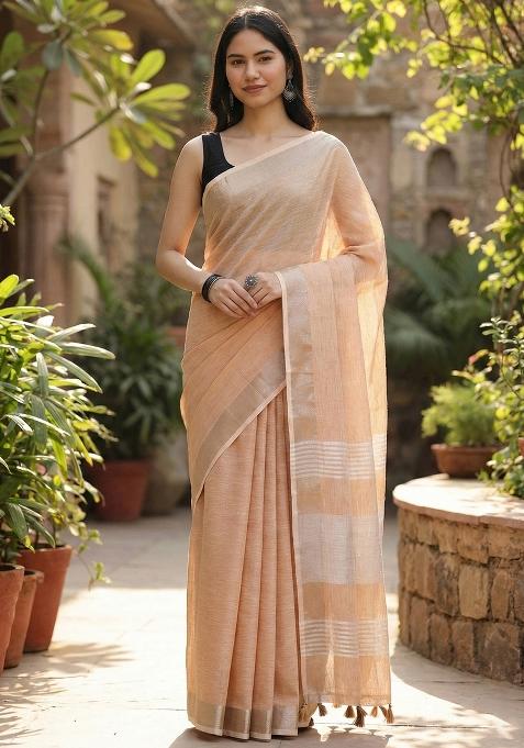 Tan Woven Zari Work Poly Cotton Saree Set