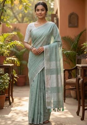 Sea Green Woven Zari Work Poly Cotton Saree Set