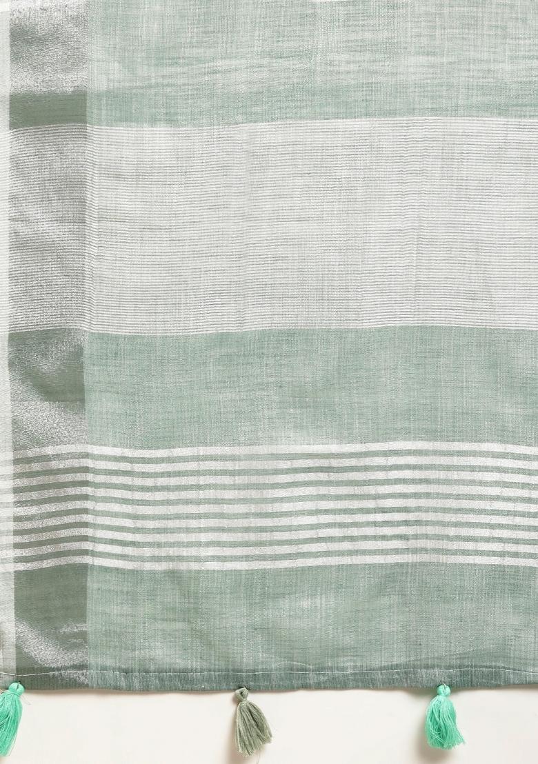 Sea Green Woven Zari Work Poly Cotton Saree Set - Indya