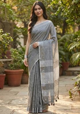 Dark Grey Woven Zari Work Poly Cotton Saree Set