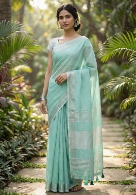 Turquoise Woven Zari Work Poly Cotton Saree Set