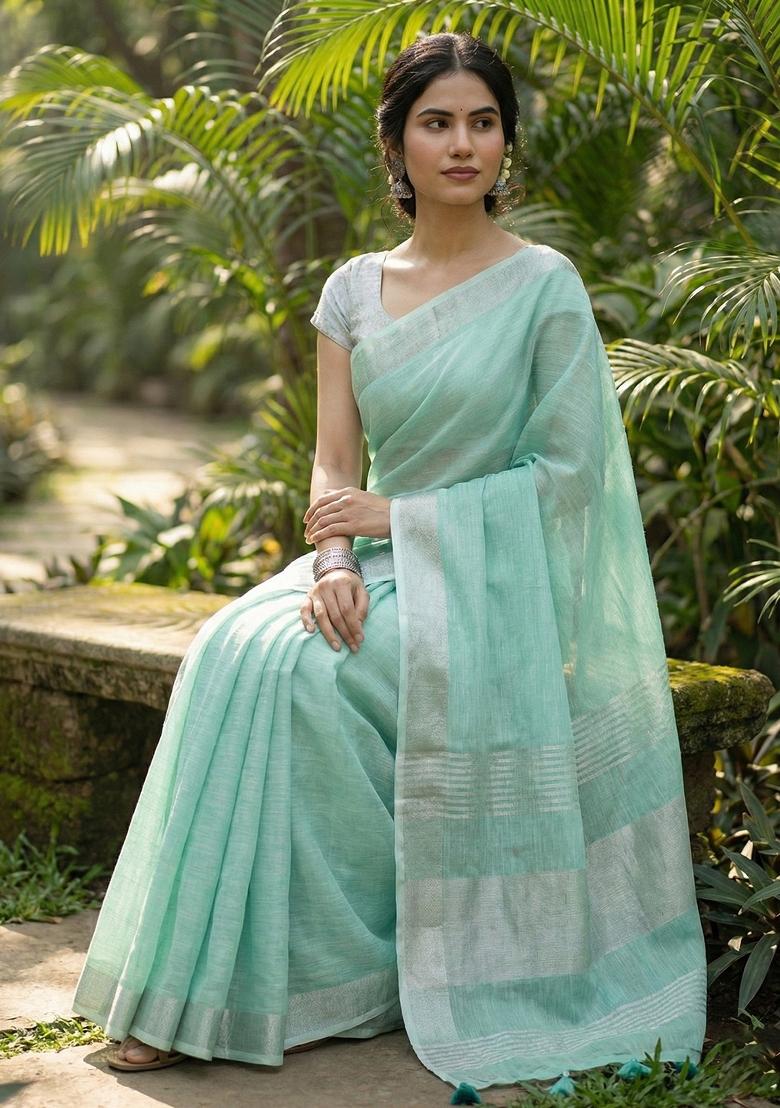 Turquoise Woven Zari Work Poly Cotton Saree Set - Indya