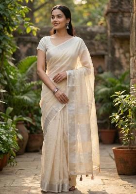 Beige Woven Zari Work Poly Cotton Saree Set