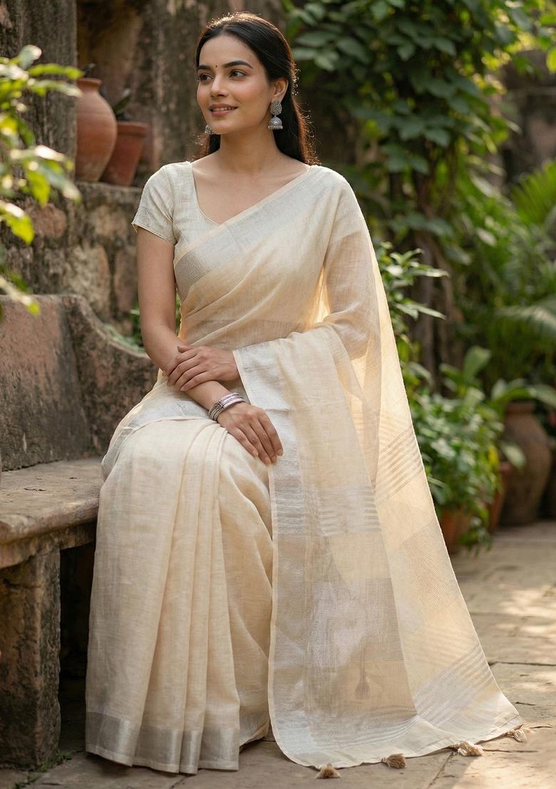 Beige Woven Zari Work Poly Cotton Saree Set - Indya