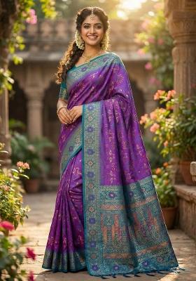 Purple Woven Zari Work Silk Saree Set