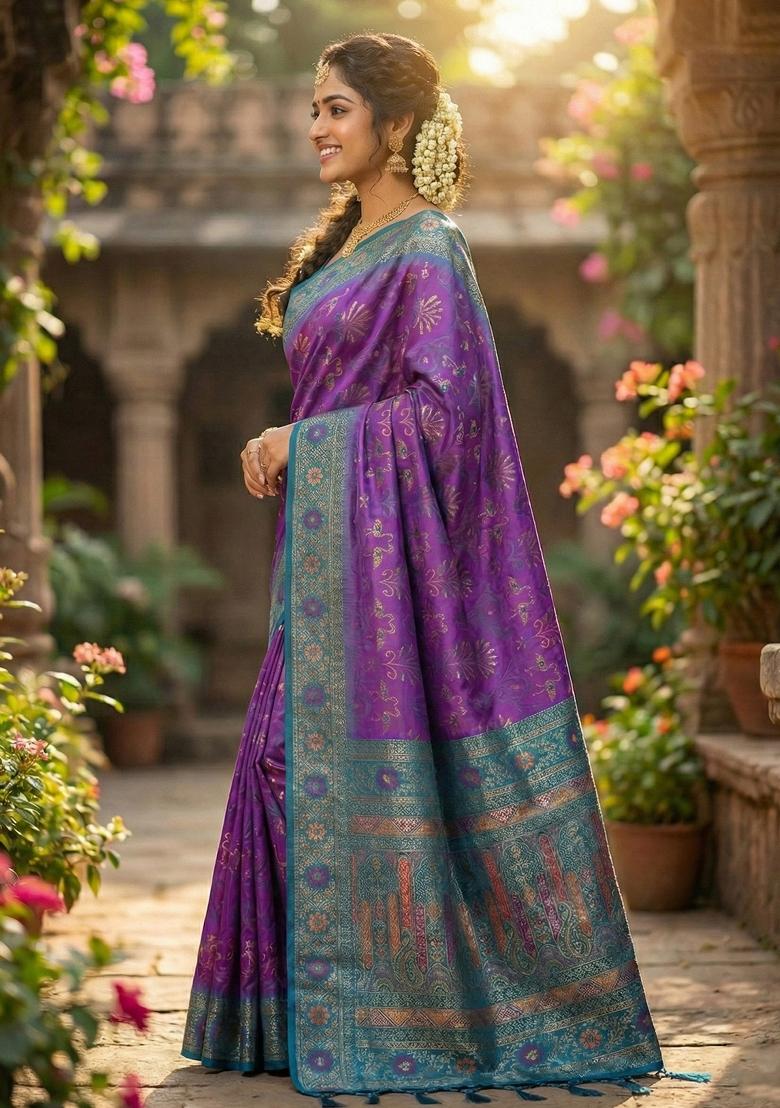 Purple Woven Zari Work Silk Saree Set - Indya