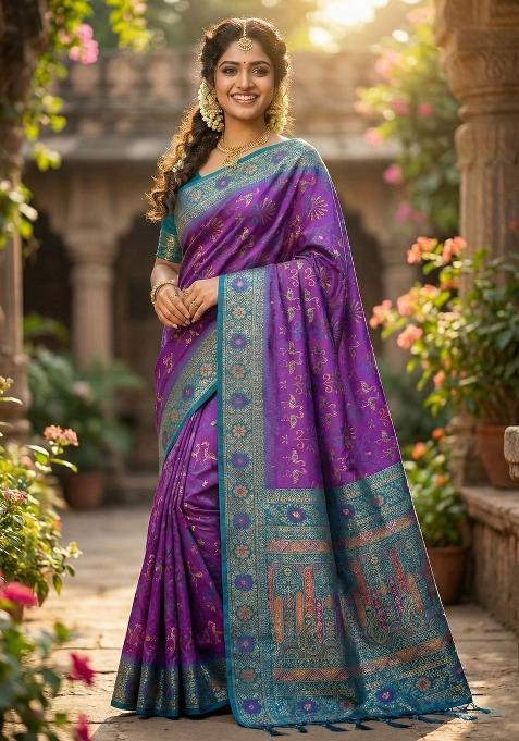 Purple Woven Zari Work Silk Blend Saree Set