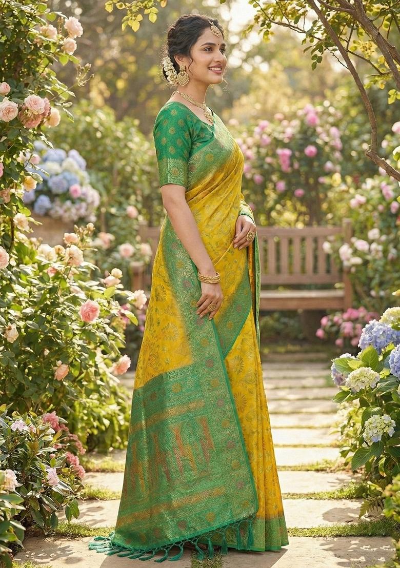 Yellow Woven Zari Work Silk Saree Set - Indya