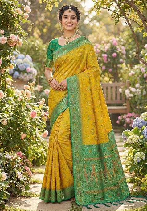 Yellow Woven Zari Work Silk Saree Set