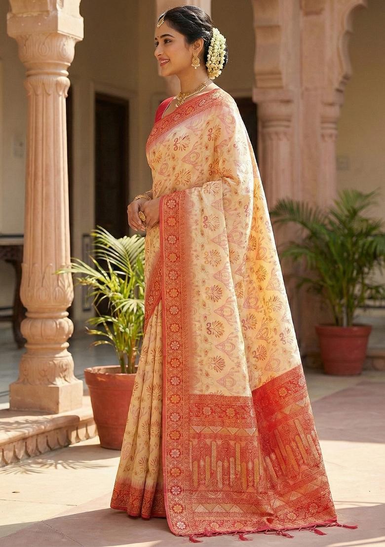 Cream Woven Zari Work Silk Saree Set - Indya