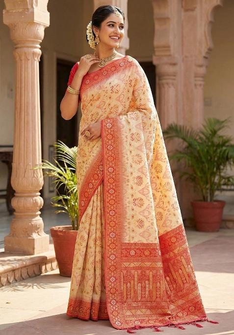 Cream Woven Zari Work Silk Saree Set — view on Indya