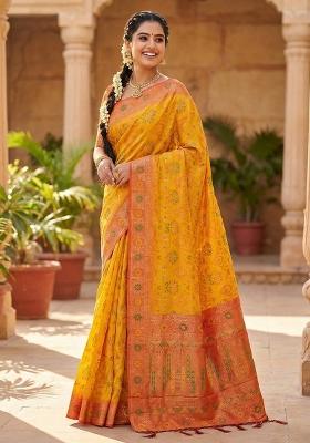 Mustard Woven Zari Work Silk Saree Set
