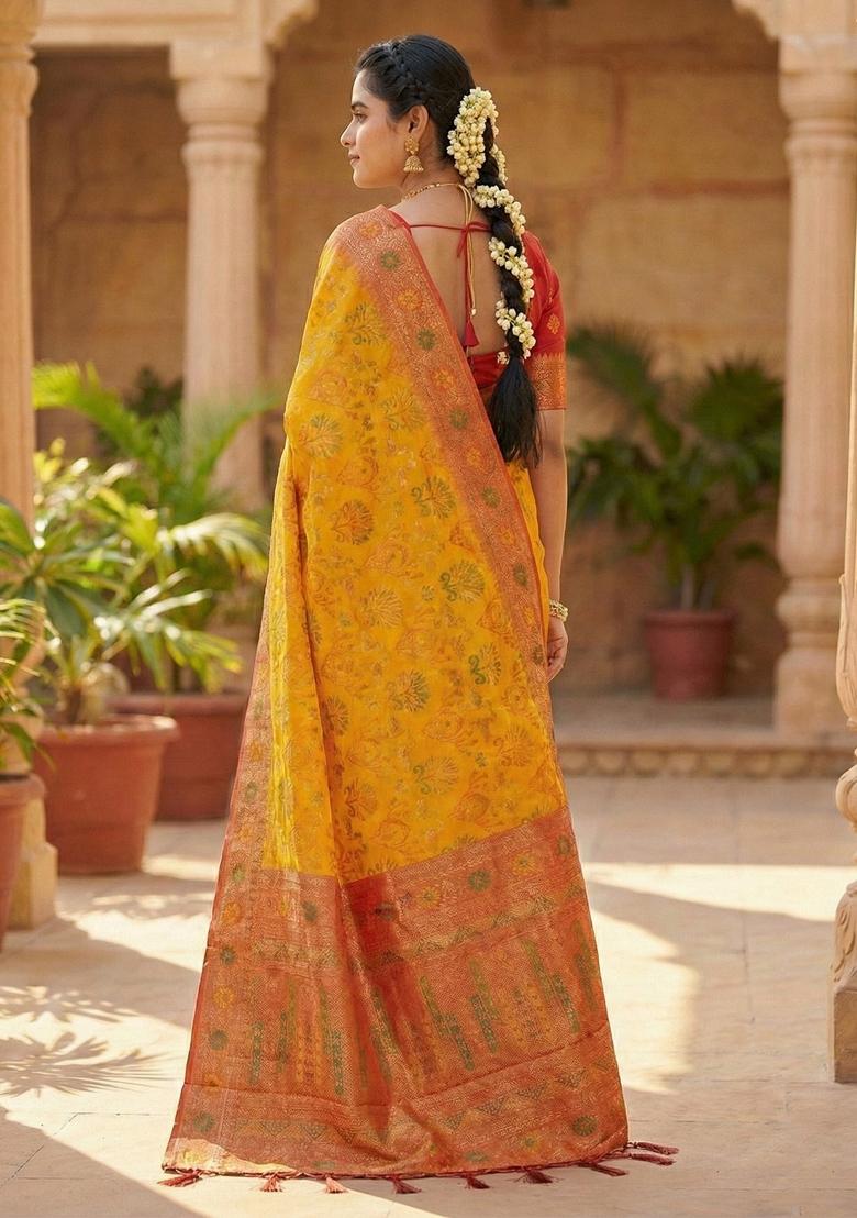 Mustard Woven Zari Work Silk Saree Set - Indya