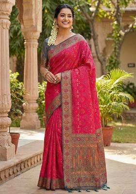 Magenta Woven Zari Work Silk Saree Set