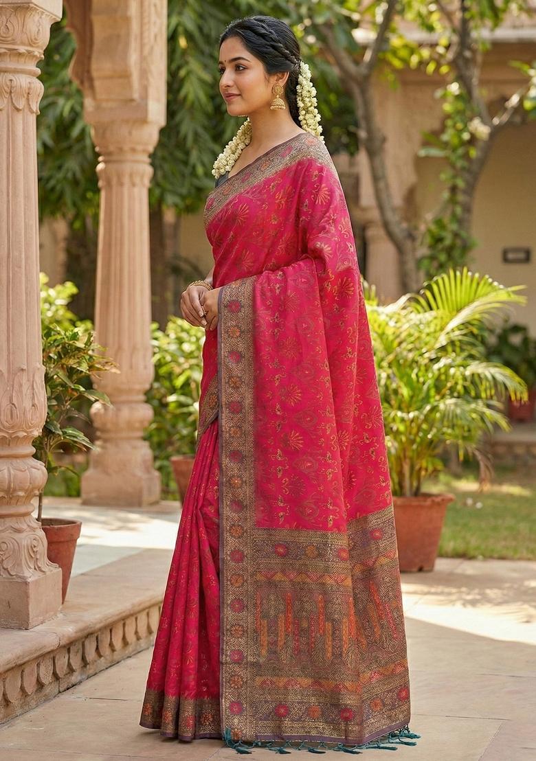 Magenta Woven Zari Work Silk Saree Set - Indya