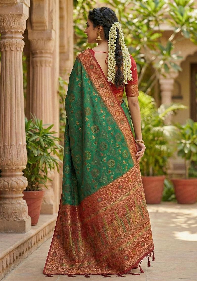 Bottle Green Woven Zari Work Silk Saree Set - Indya