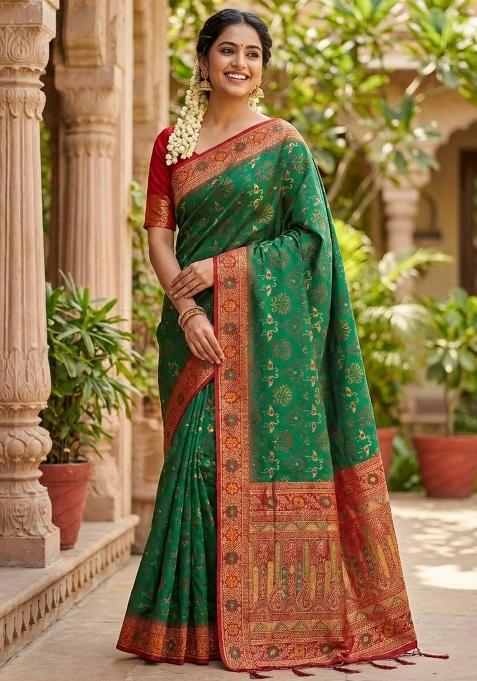 Bottle Green Woven Zari Work Silk Blend Saree Set