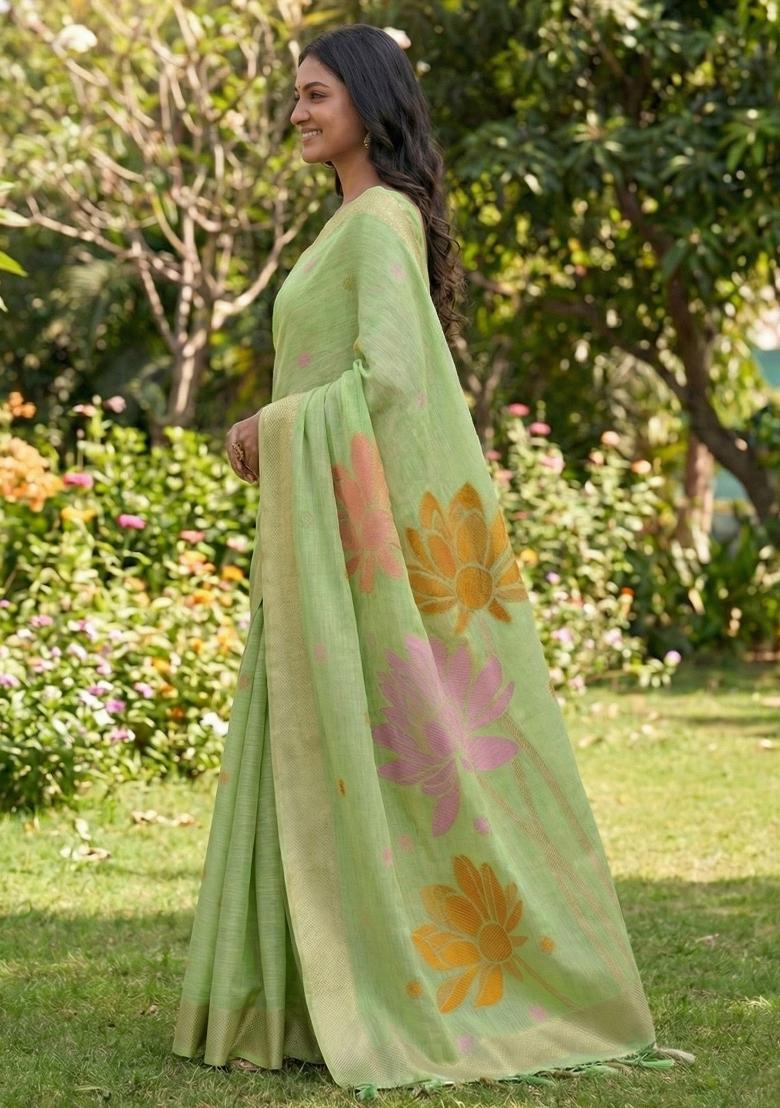 Light Green Woven Zari Work Poly Cotton Saree Set - Indya