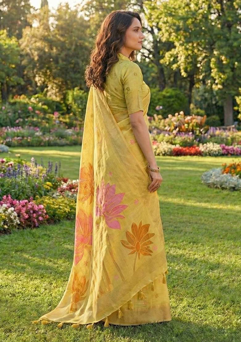 Yellow Woven Poly Cotton Saree Set with Zari Work for Diwali | Wedding & Festive Wear - Indya