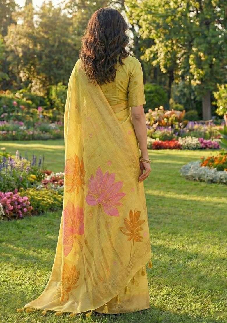 Yellow Woven Poly Cotton Saree Set with Zari Work for Diwali | Wedding & Festive Wear - Indya