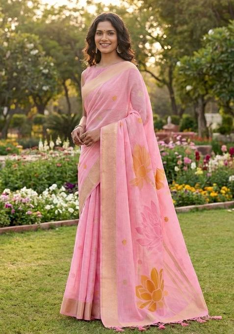 Pink Woven Zari Work Poly Cotton Saree Set