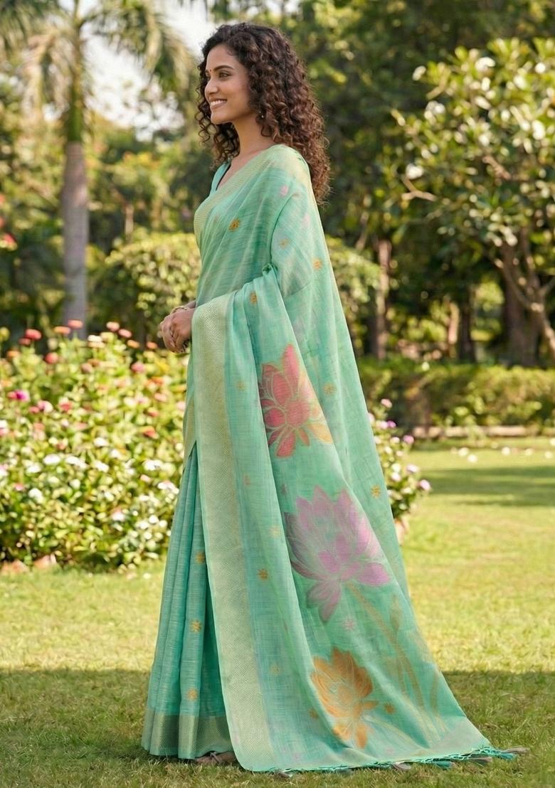 Sea Green Woven Zari Work Poly Cotton Saree Set - Indya