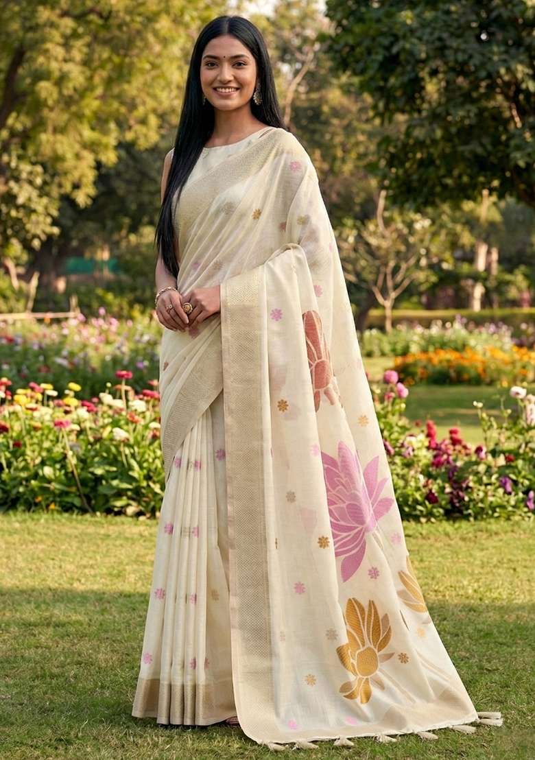 Off-White Woven Poly Cotton Saree Set with Zari Work for Diwali | Wedding & Festive Wear - Indya