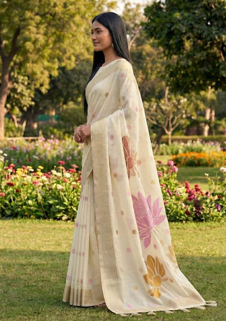 Off-White Woven Poly Cotton Saree Set with Zari Work for Diwali | Wedding & Festive Wear - Indya