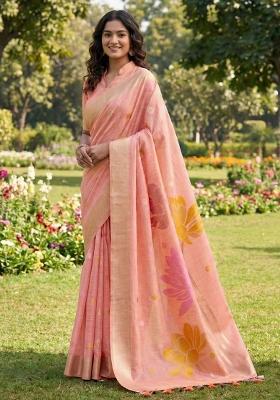 Peach Woven Zari Work Poly Cotton Saree Set