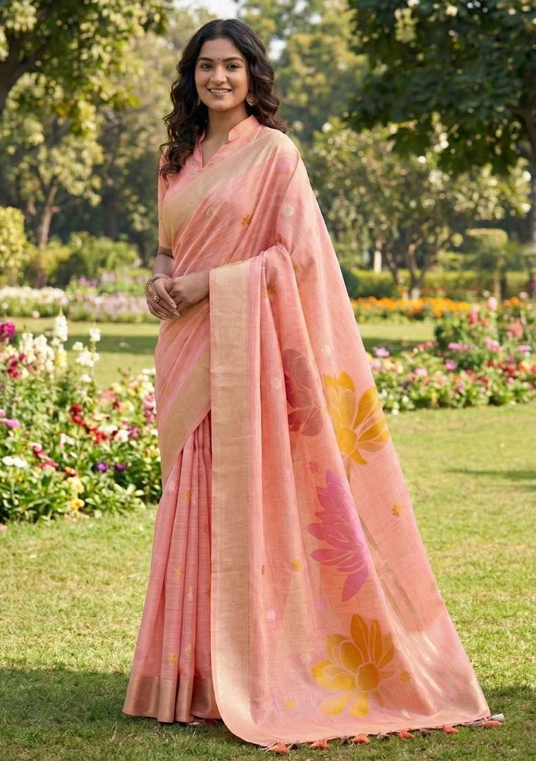 Peach Woven Poly Cotton Saree Set with Zari Work for Diwali | Wedding & Festive Wear - Indya