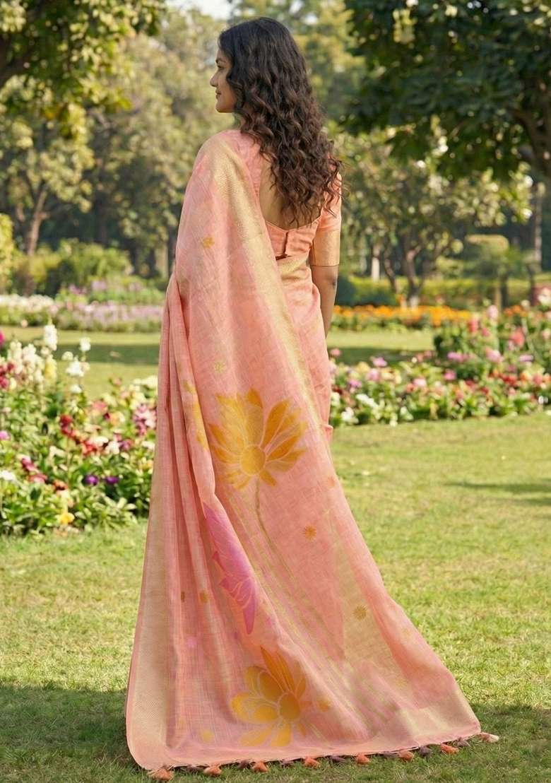 Peach Woven Poly Cotton Saree Set with Zari Work for Diwali | Wedding & Festive Wear - Indya